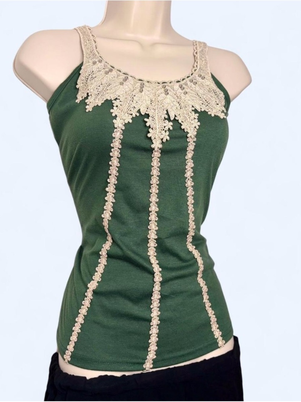 Fairycore Green Tank Top with Cream Crochet Trim - Picture 3 of 6